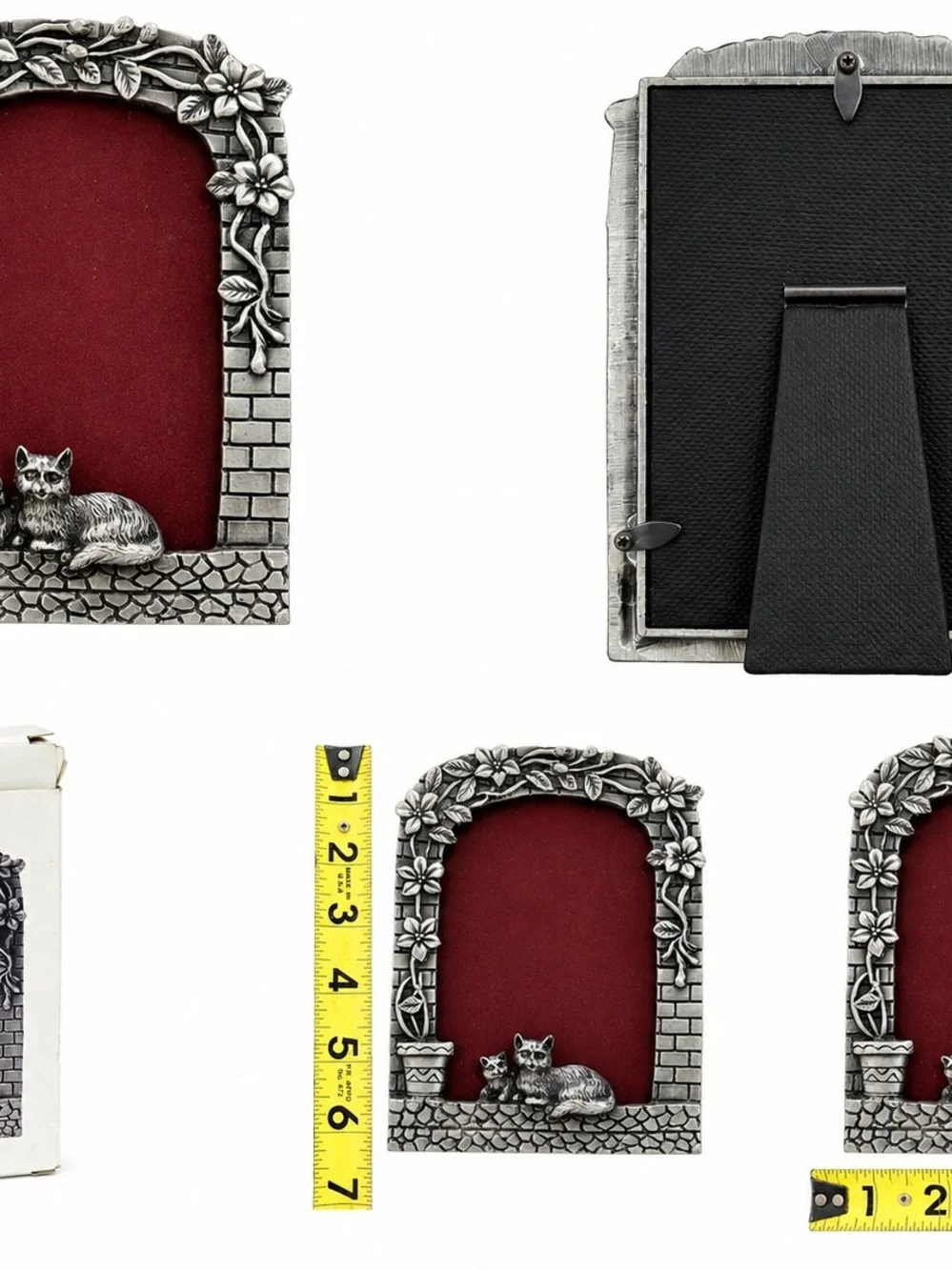 Cat Motif Pewter Picture Frame with Red Insert